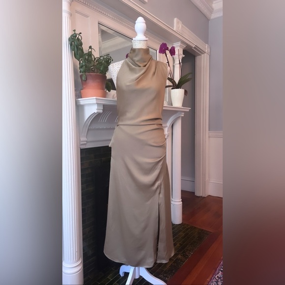 MISHA COLLECTION Robbia Satin High Neck Draped Midi Dress In Dusty Olive Size 4 - Picture 11 of 16